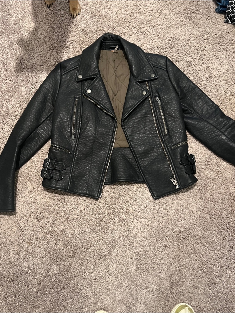 Free People Black Faux Leather Moto Jacket with Buckle Accents damaged collar